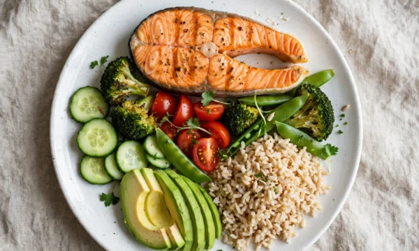 Balanced macronutrient nutrition plate showing proteins, dietary fiber, and complex carbohydrates