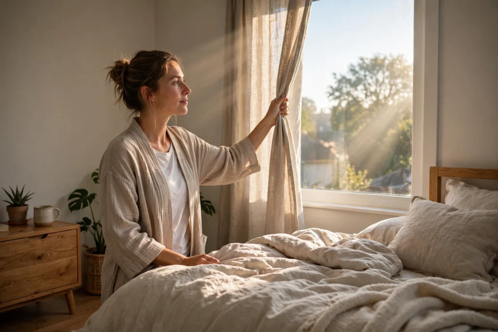 Person opening curtains in the morning to let sunlight in, supporting healthy circadian rhythms and cortisol regulation
