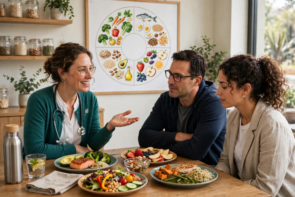 Nutritionist explaining healthy food portions and balanced macronutrients for a complete guide to healthy eating