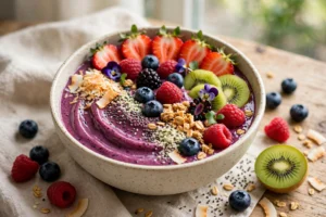 Berry smoothie bowl topped with immune-boosting superfoods