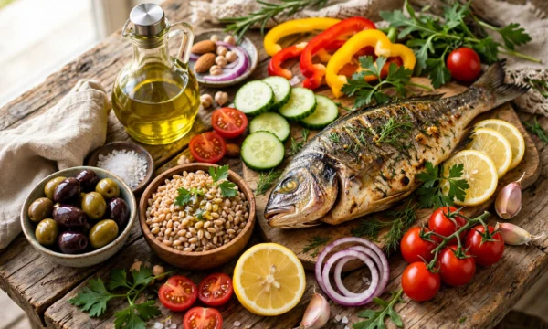 Mediterranean dietary foods including extra virgin olive oil, wild seafood, and leafy vegetables