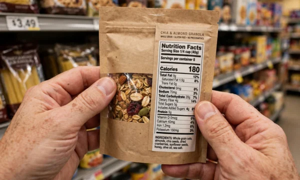 FDA Nutrition Facts food label breakdown detailing added sugars, trans fats, and sodium values