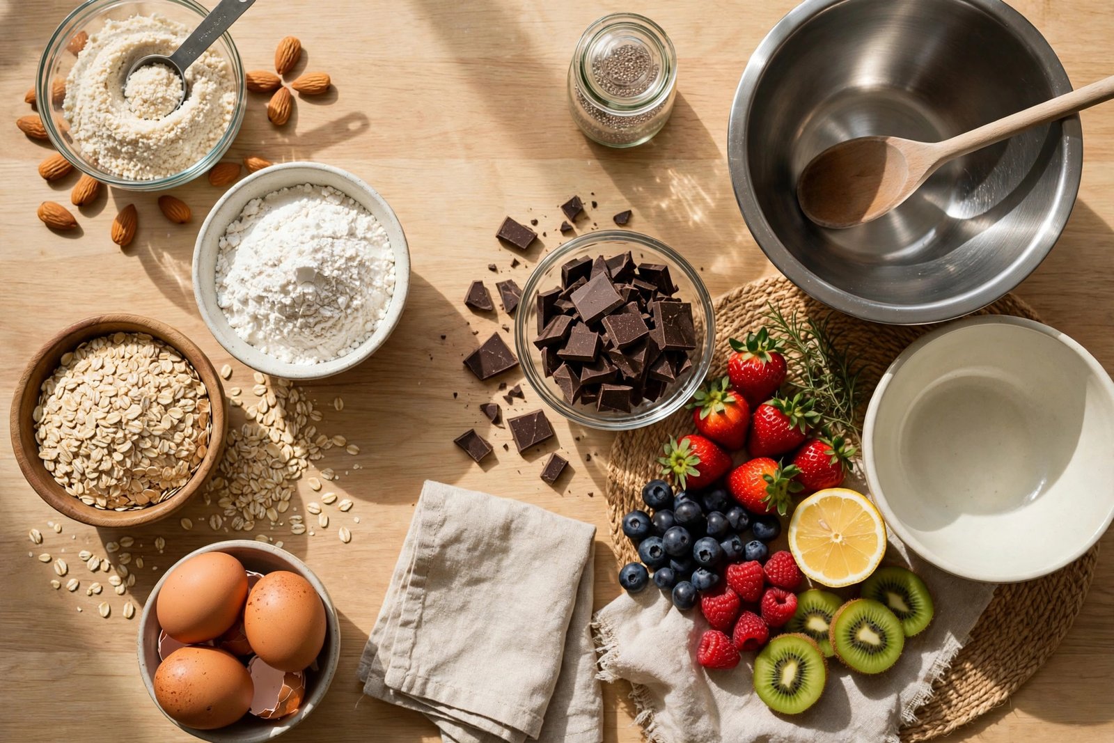 Gluten free dessert recipes baking ingredients: gluten-free flours, chocolate, and fresh fruit ready for baking