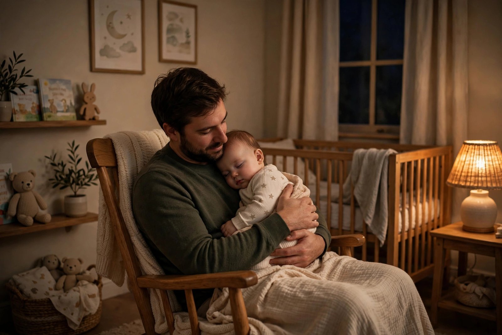 Parent holding a sleepy baby at bedtime as part of a calming baby sleep schedule routine