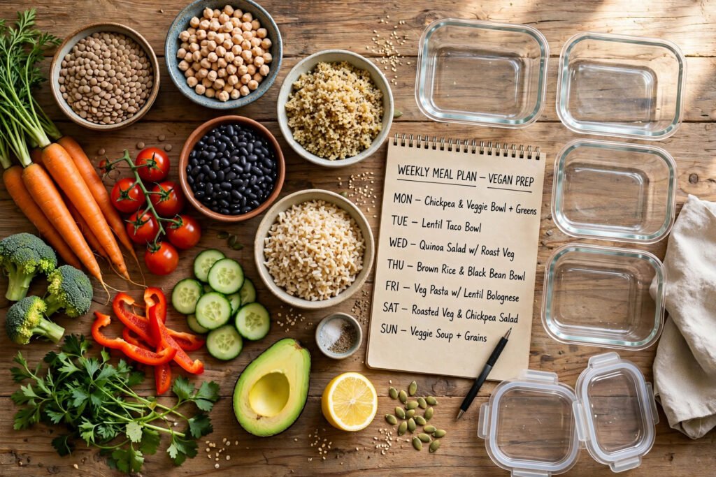 Planning vegan meal prep ideas with fresh plant-based ingredients