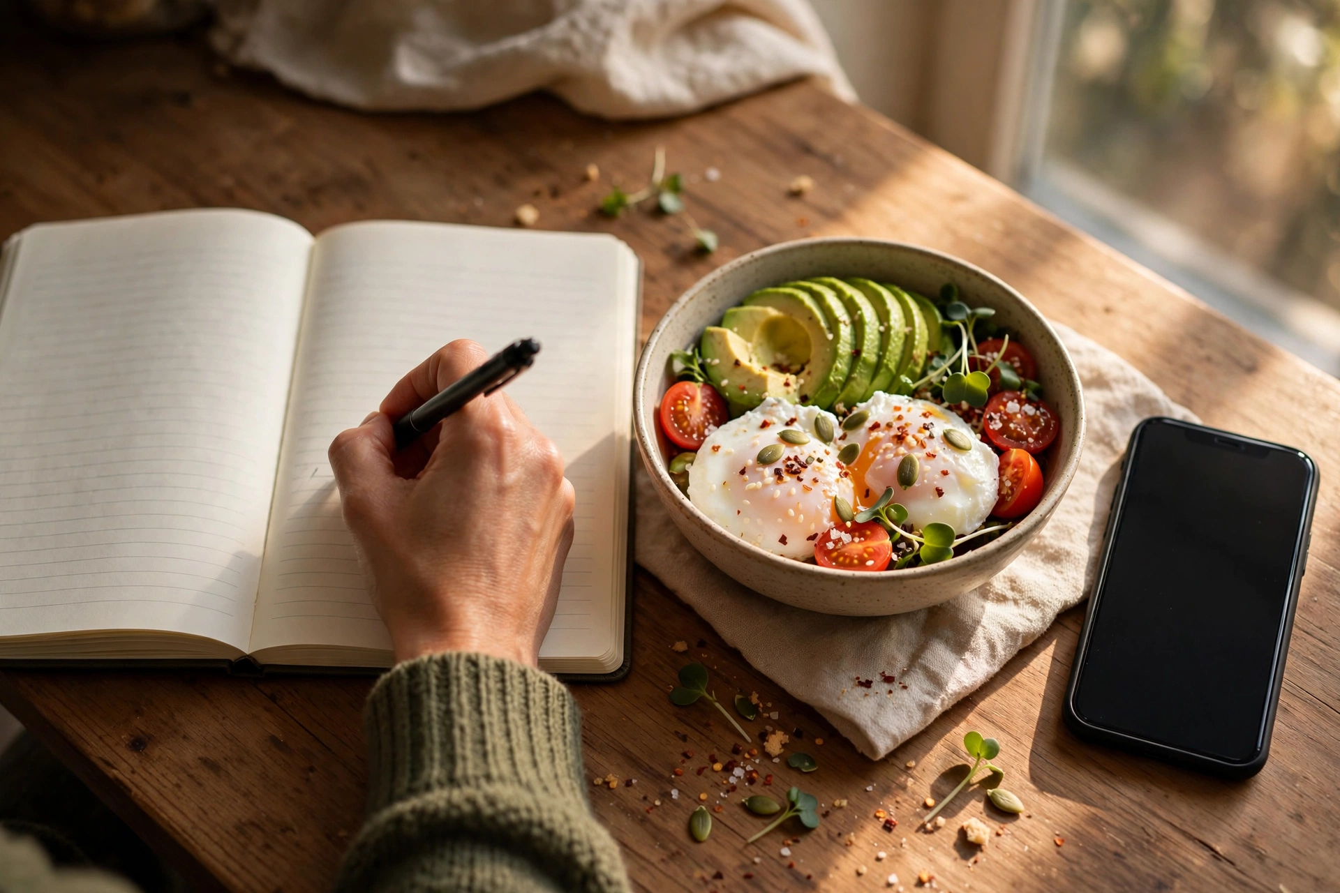 Person tracking daily calories in a food diary with a healthy breakfast