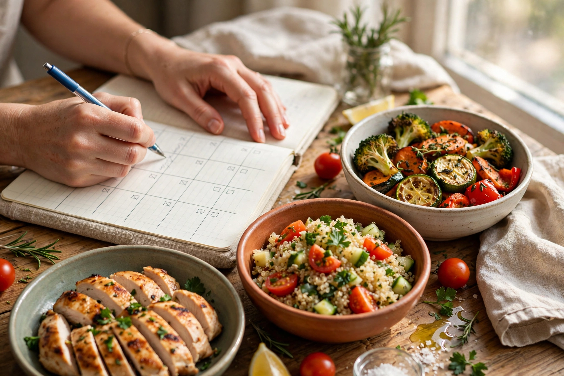 Woman planning a weekly PCOS meal plan with healthy bowls