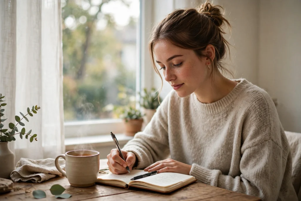 Young woman journaling calmly with a cup of tea by a bright window