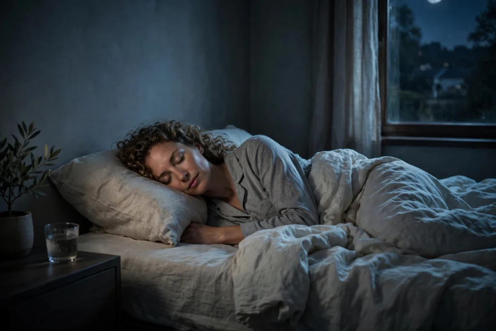 Woman sleeping peacefully in a dark cool bedroom at night