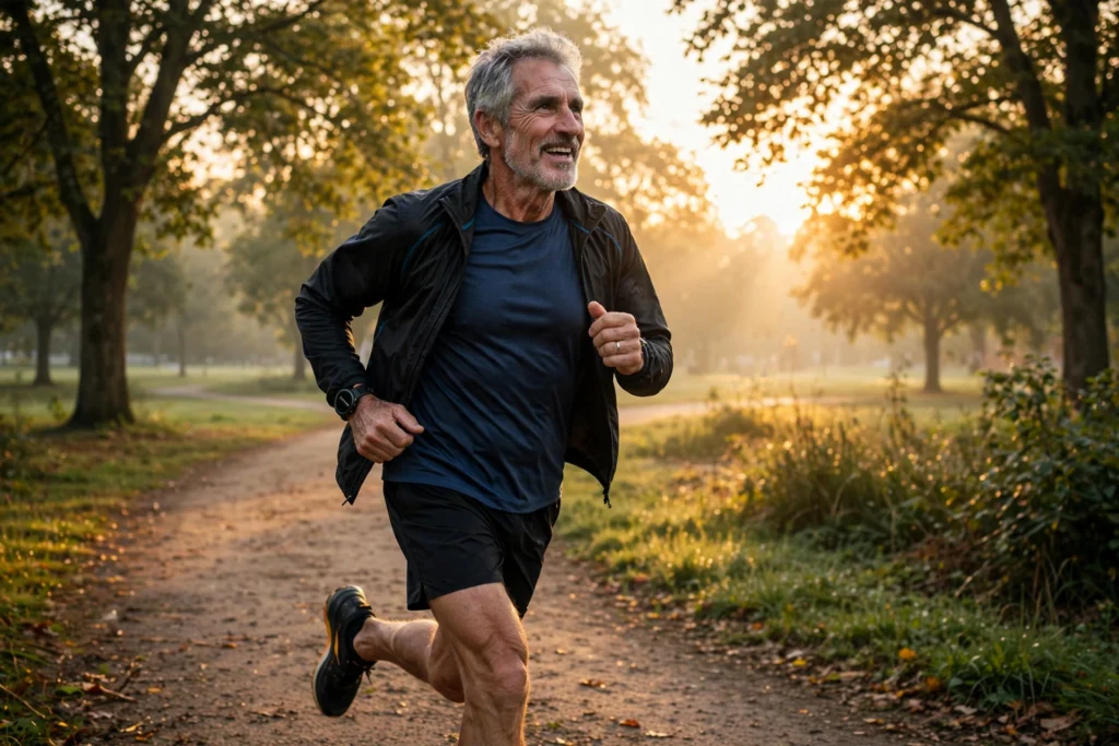 Fit senior man jogging on a park path at sunrise