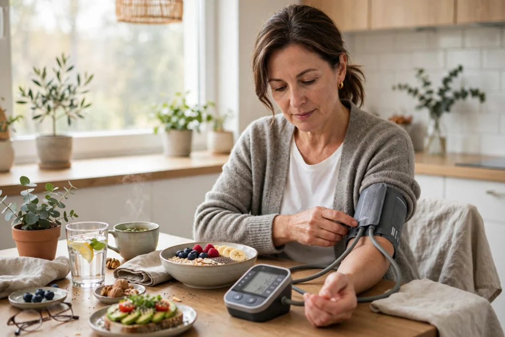 Woman checking her blood pressure with a home monitor at a bright kitchen table