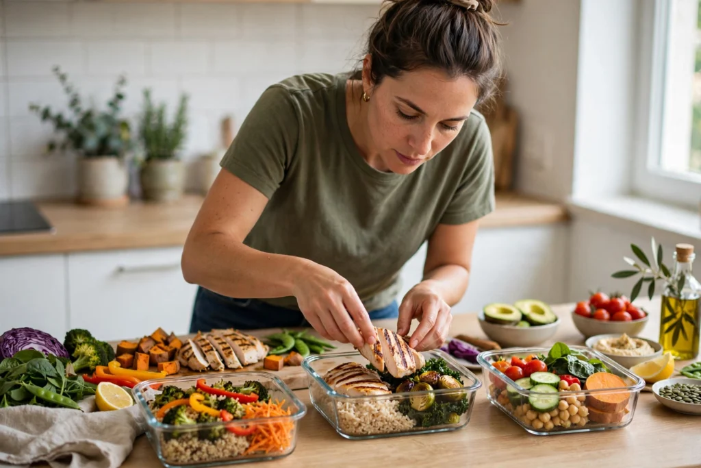 Person meal-prepping colorful healthy lunches in glass containers on a bright kitchen counter