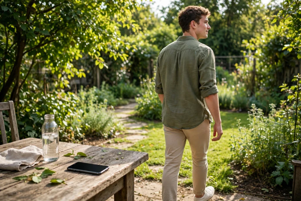 Young man placing his smartphone face-down and walking into a sunny green garden