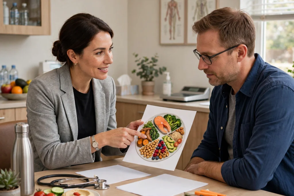 Nutritionist showing a healthy meal plan for GLP-1 weight loss patients