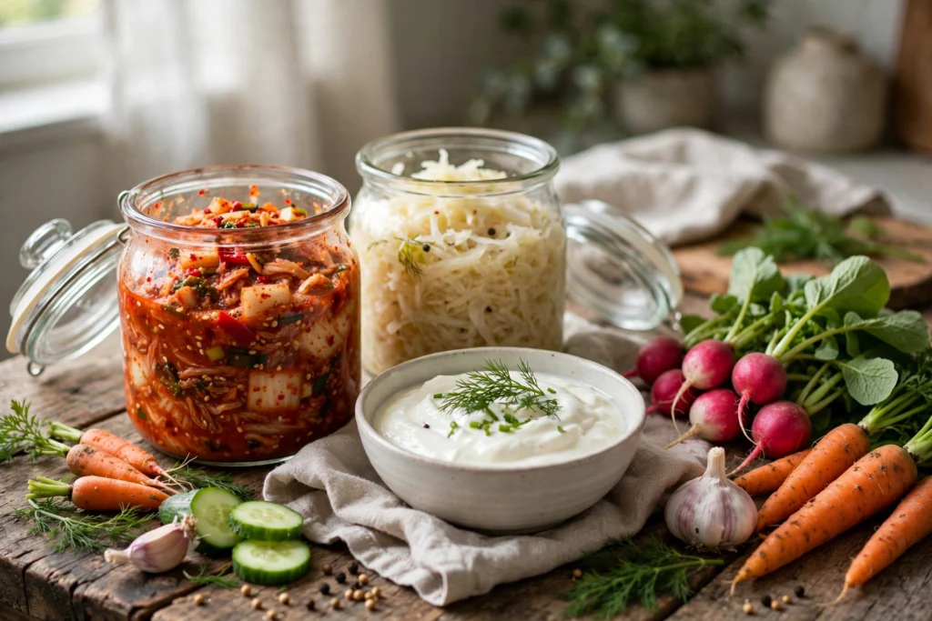 Glass jars of kimchi and sauerkraut, a yogurt bowl and fresh vegetables on a wooden table
