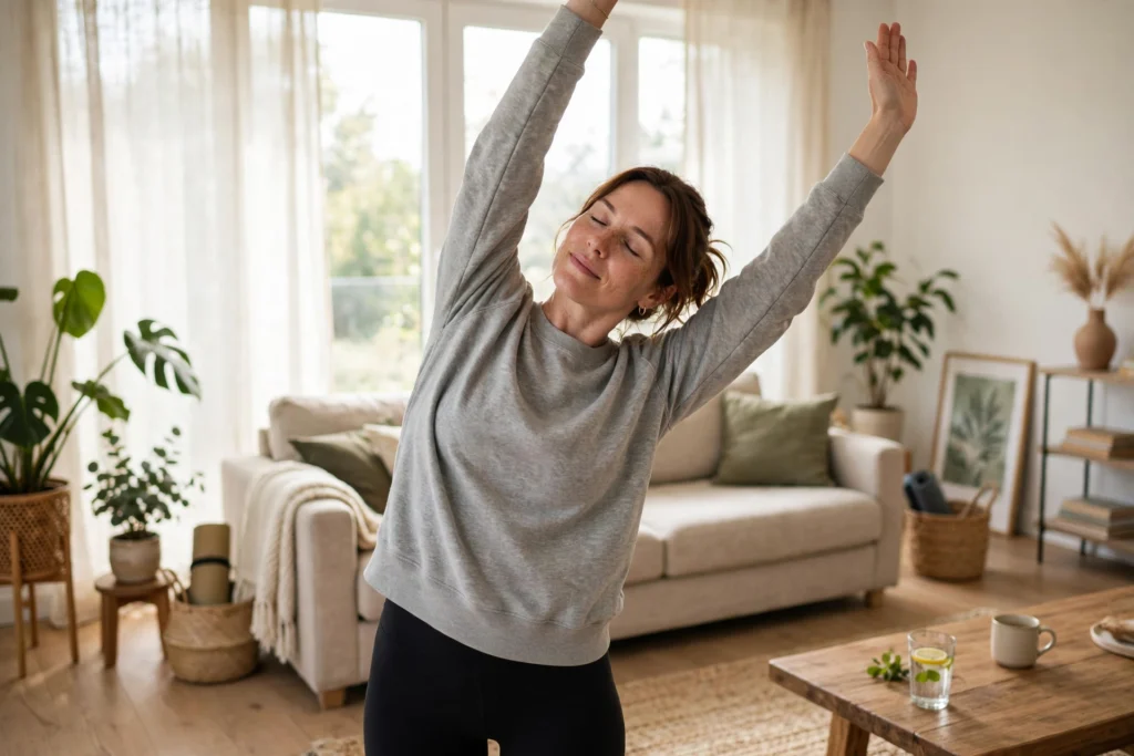 Person doing morning stretching exercises at home to start a healthy habits daily routine