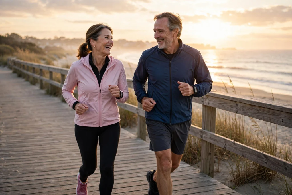 Happy middle-aged couple jogging together on a beach boardwalk at sunrise