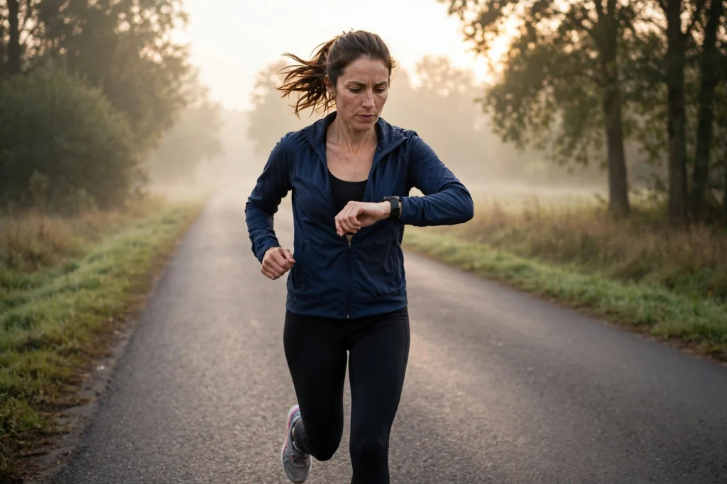 Female runner checking her fitness smartwatch while running at sunrise
