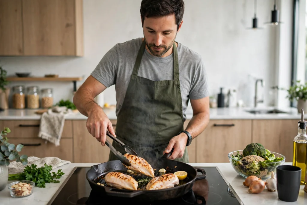 Person grilling chicken, one of the best high protein foods, on a barbecue for a high-protein diet