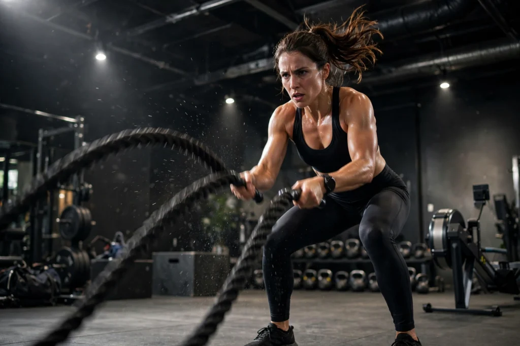 Athletic woman doing intense battle rope training in a modern gym