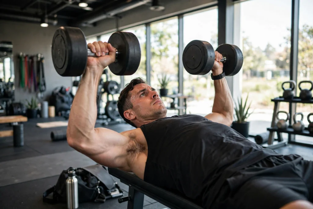 Athletic man performing a dumbbell bench press in a modern gym