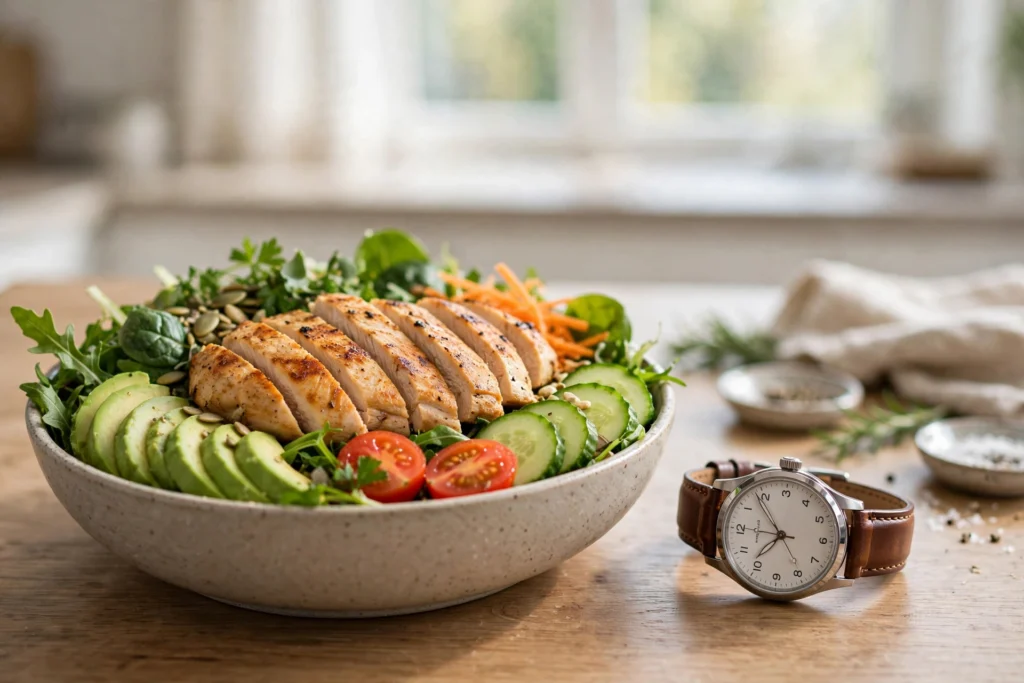 Healthy meal bowl with grilled chicken and avocado next to a wristwatch showing morning time