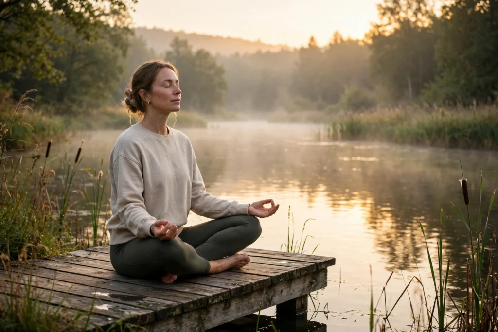 Woman meditating peacefully on a wooden dock by a calm lake at sunrise