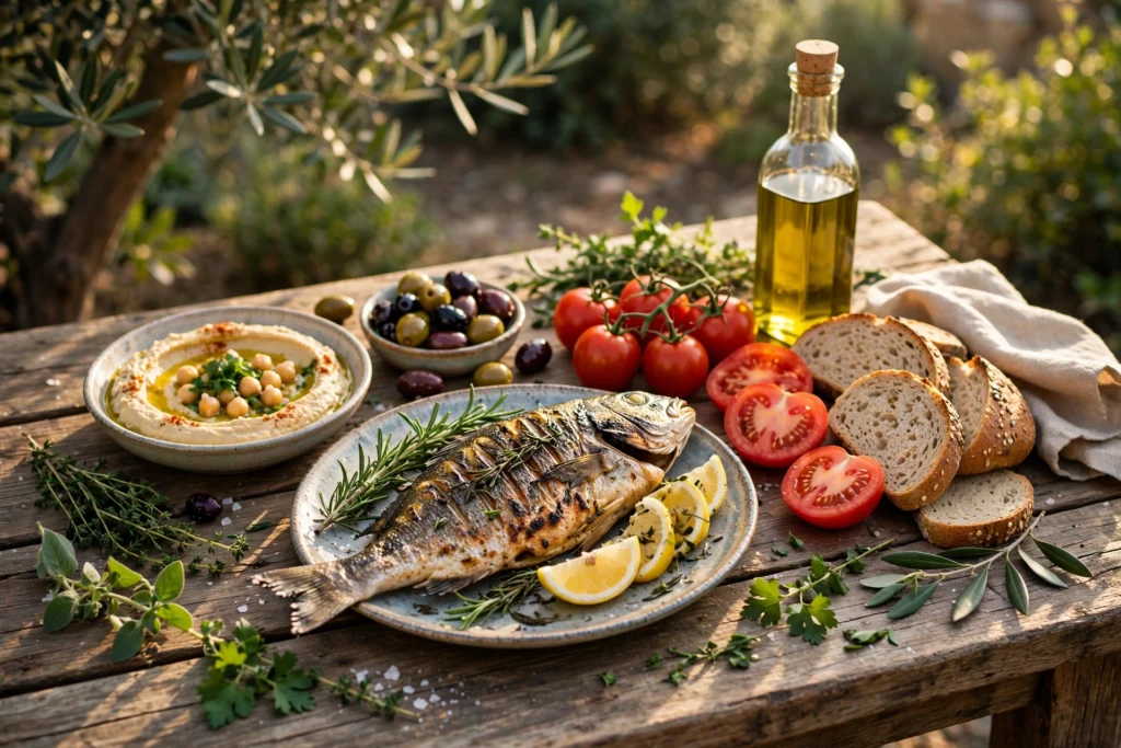 Mediterranean spread with grilled fish, olive oil, olives, tomatoes, hummus and bread on a rustic table