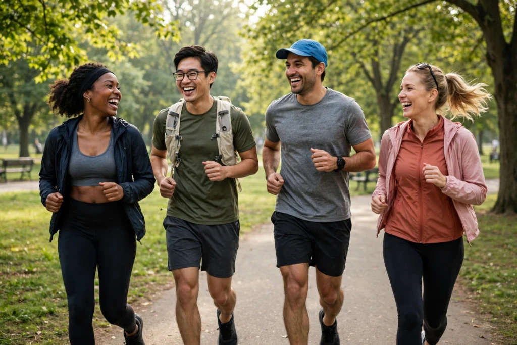 Diverse group of friends jogging together laughing in a sunny green park