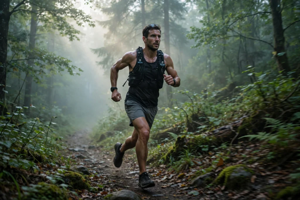 Athletic man trail-running through a green forest path at dawn to support metabolic health