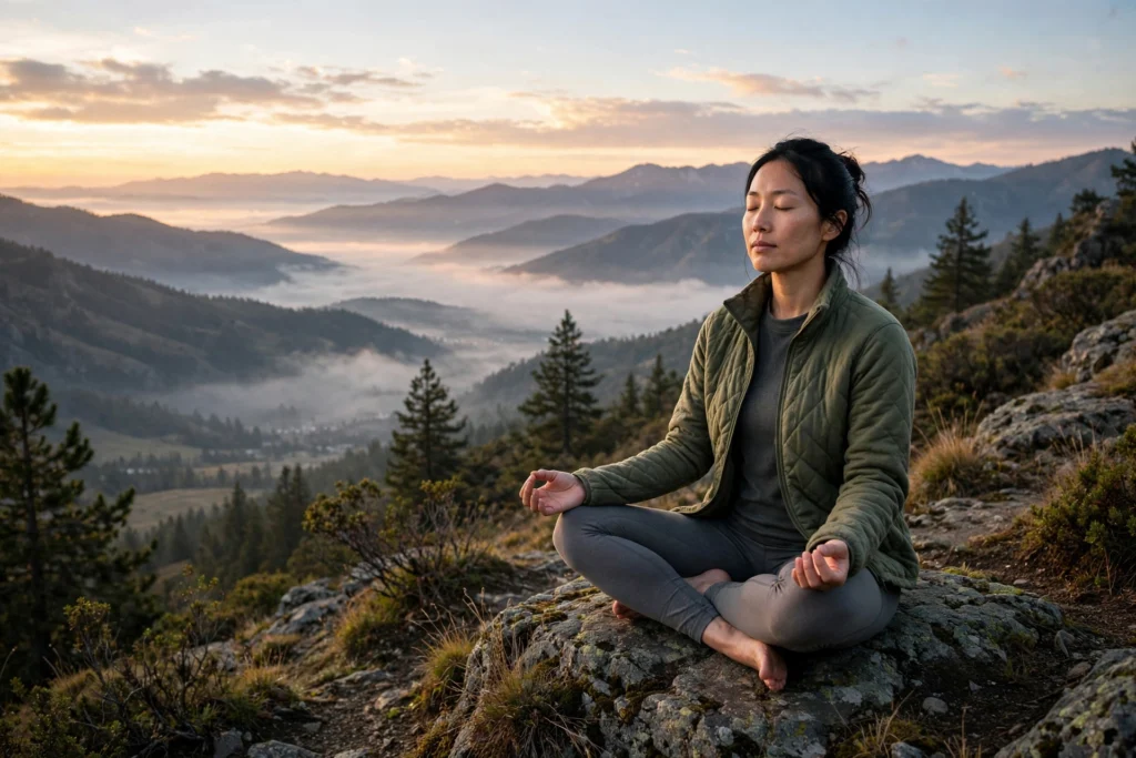 Person meditating in lotus pose on a mountain overlook at sunrise