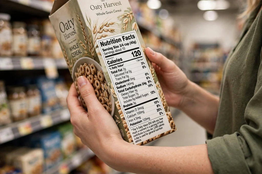 Woman reading the nutrition facts label on a cereal box in a grocery store