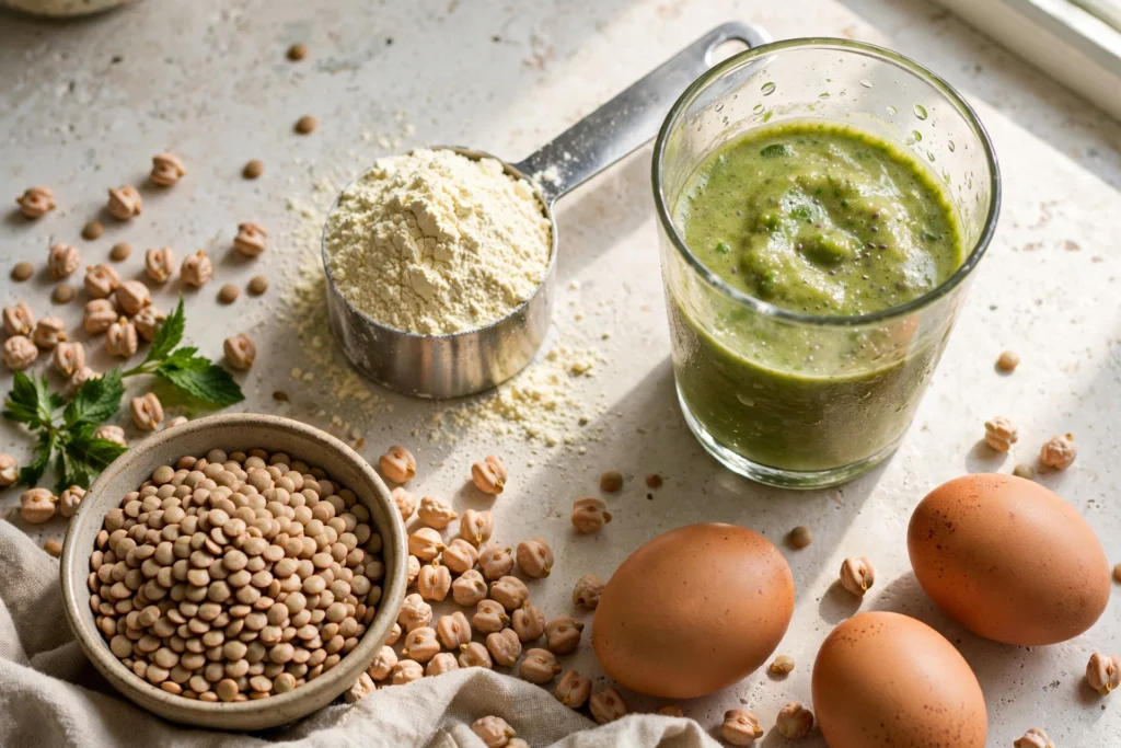 Plant protein smoothie, whey powder scoop, lentils, chickpeas and eggs on a kitchen counter