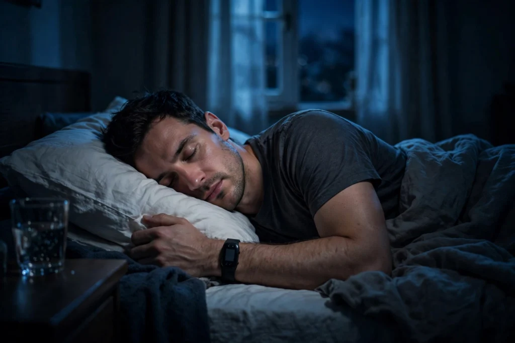 Man sleeping deeply in a dark quiet bedroom wearing a sleep tracker
