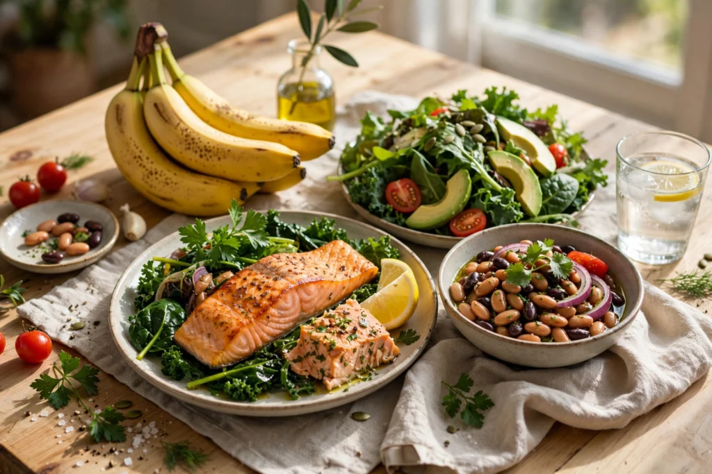 Colorful heart-healthy meal with bananas, leafy greens, beans and salmon on a bright table