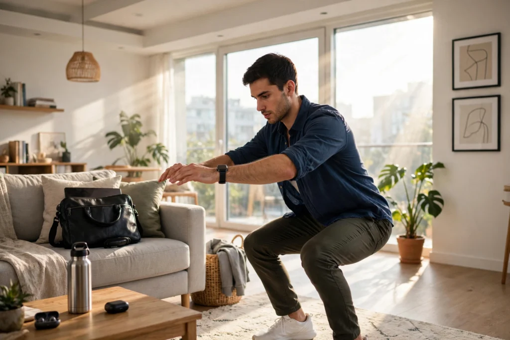 Man doing bodyweight squats in a bright living room with a laptop bag nearby