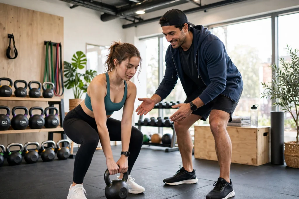 Young woman learning a kettlebell deadlift with a personal trainer guiding her form