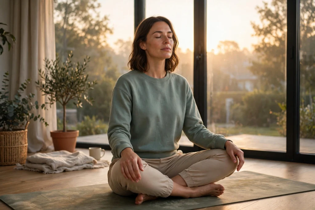 Woman doing a slow deep breathing exercise on a yoga mat at sunrise