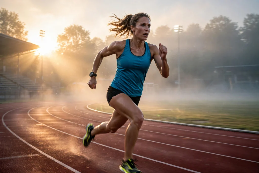 Athlete sprinting powerfully on a running track at dawn