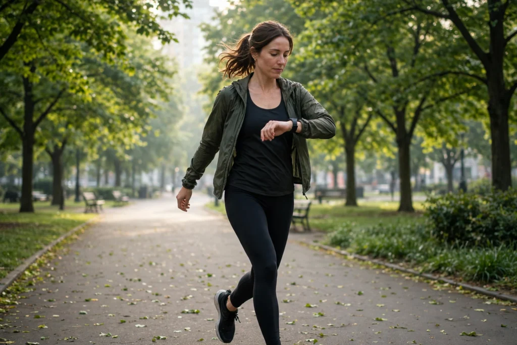 Woman walking briskly on a tree-lined park path, checking her fitness tracker to see how many miles is 10k steps