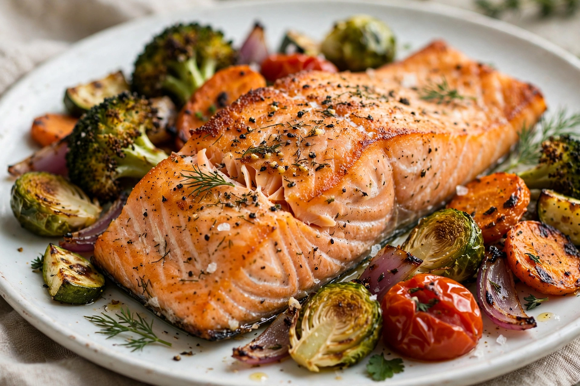 Air-fried salmon fillet with roasted vegetables on a white plate — healthy air fryer recipes