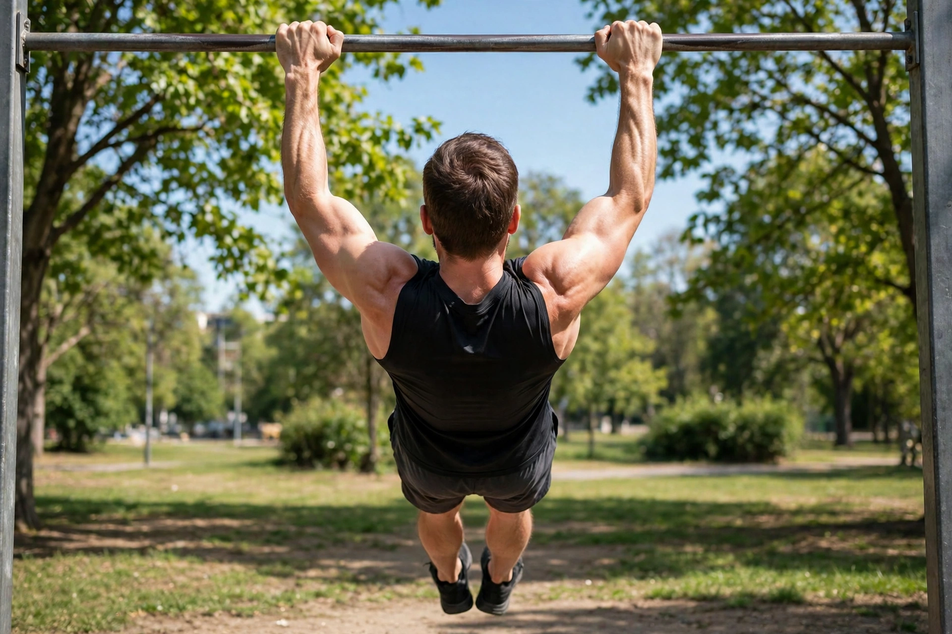 Person doing a dead hang from an outdoor pull-up bar during a calisthenics workout plan