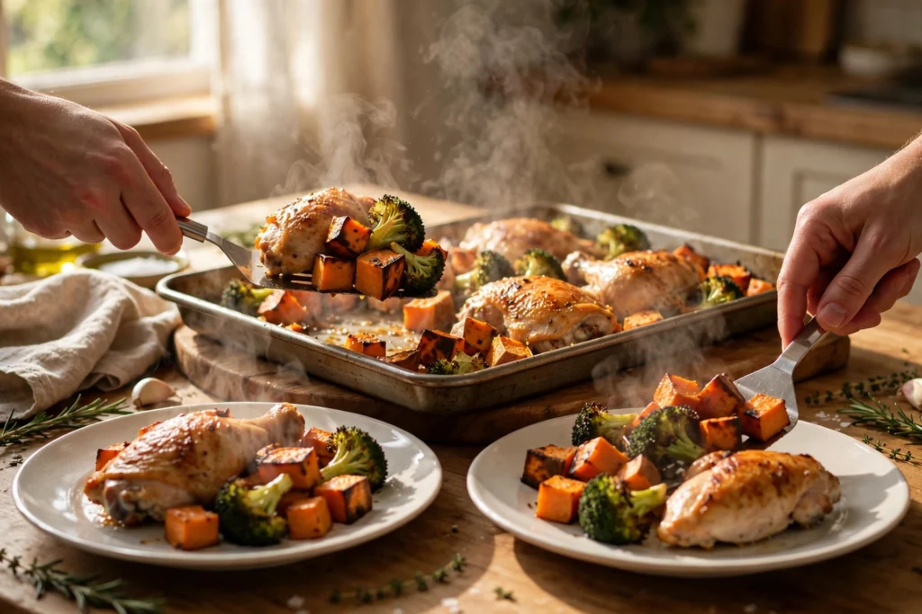 Hands serving sheet-pan chicken with sweet potato and broccoli onto two dinner plates