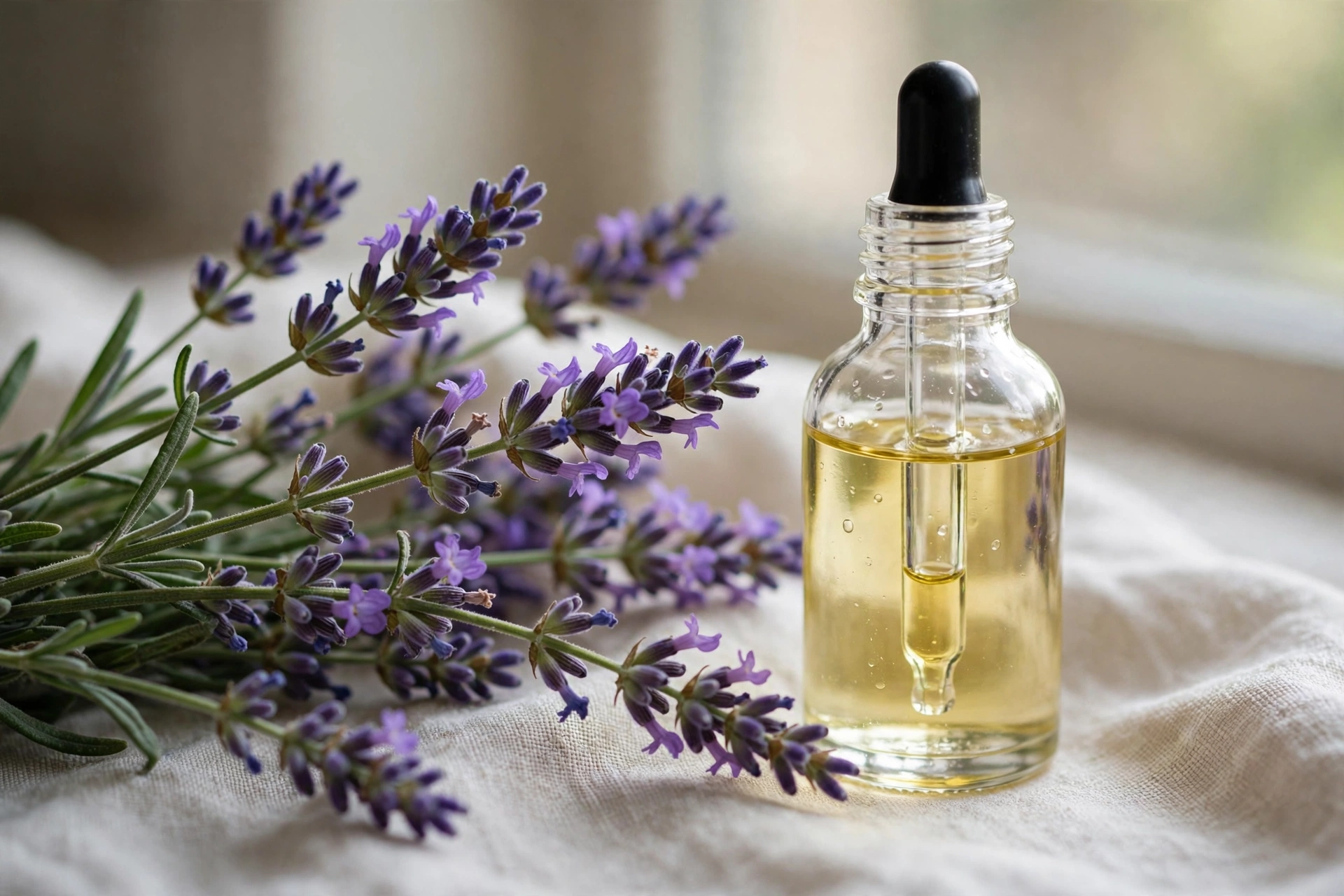 Lavender sprigs and dropper bottle of essential oil for sleep
