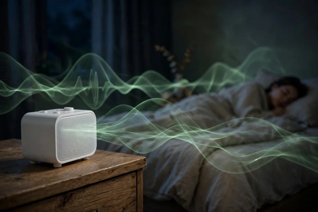 White sound machine on a dresser playing green noise sounds toward a sleeping person