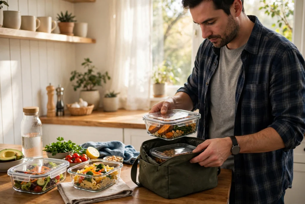 Person packing glass meal prep containers in a bright home kitchen