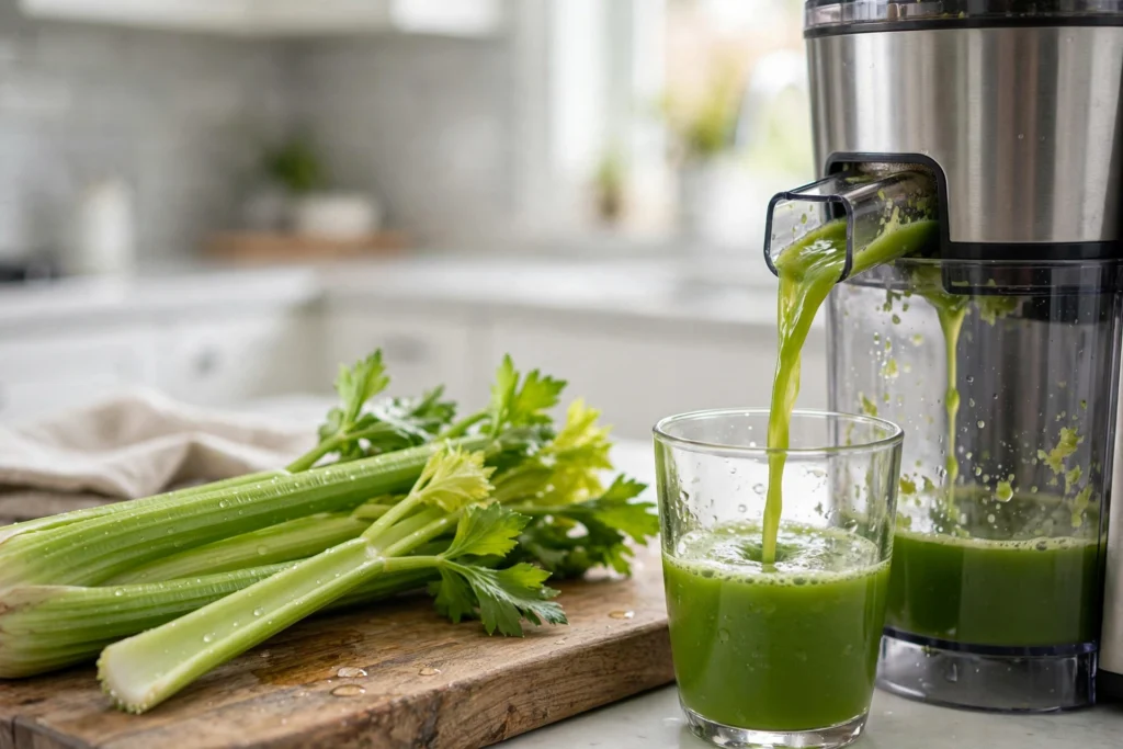Celery stalks and juicer pouring fresh green celery juice into a glass