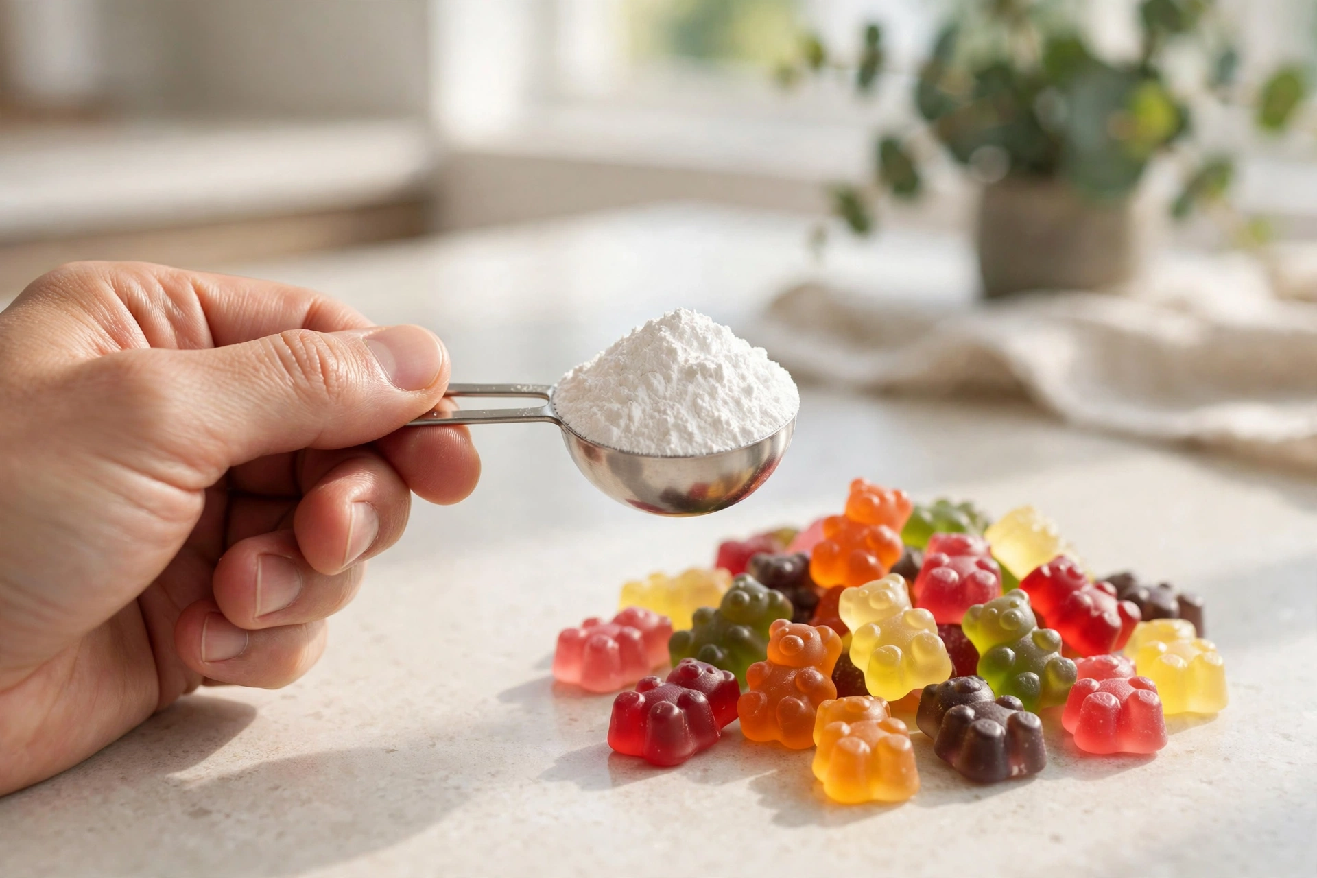 Hand holding a scoop of white creatine powder beside colorful gummy supplements on a kitchen counter