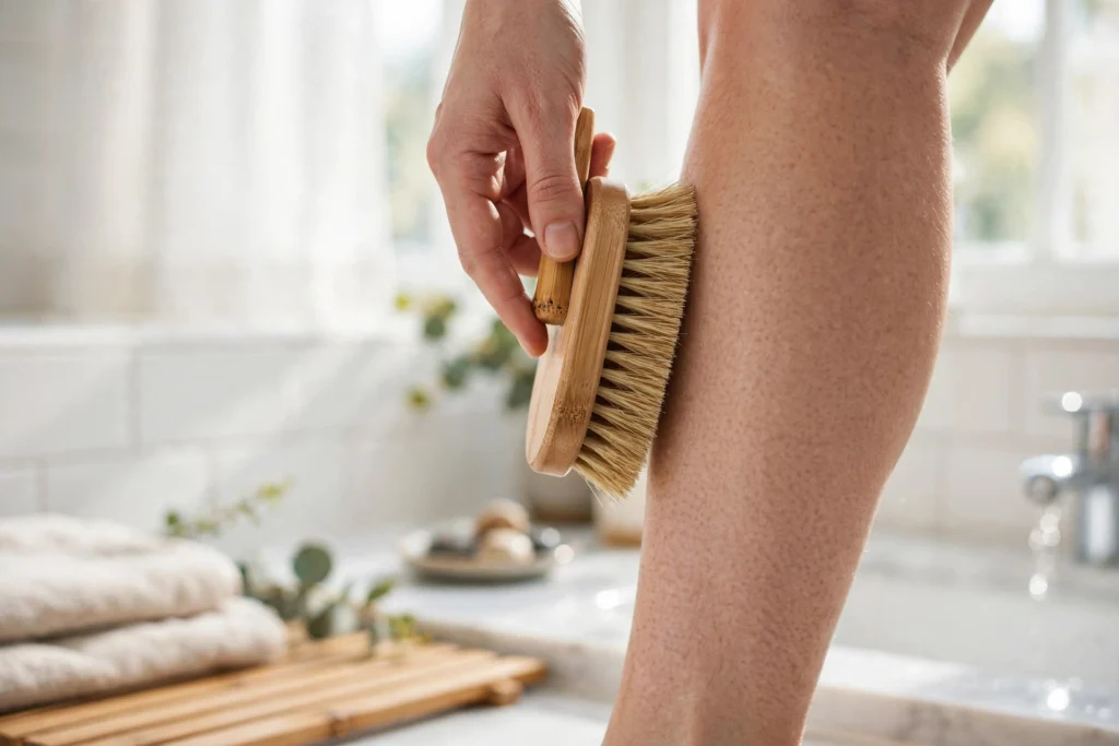 Hand using a natural-bristle dry brush on a leg in upward strokes