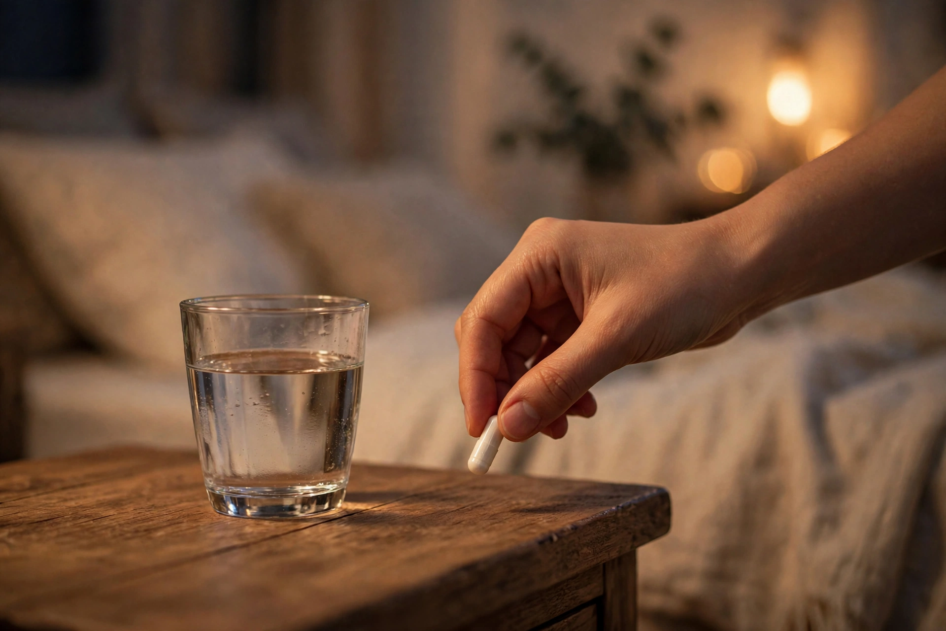 Hand placing a magnesium capsule next to a glass of water on a bedside nightstand in warm evening light